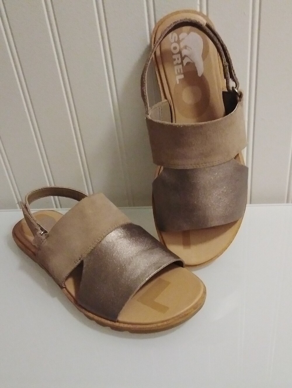 SOREL Ella ll Slingback Metallic Leather Suede Flat Sandel's Sz: US 7 Brown